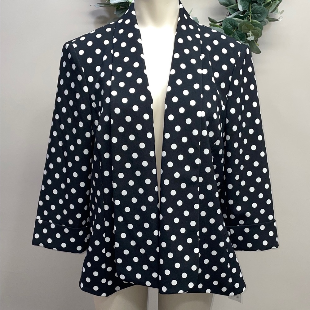 NWT Black Label By Evan Picone Black White Polka Dot Open Front Blazer 14